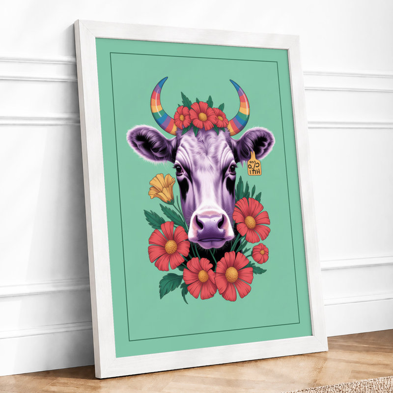 Crowned Cow Boho - Framed Print, A4 - 29.7 x 21.0 cm, White