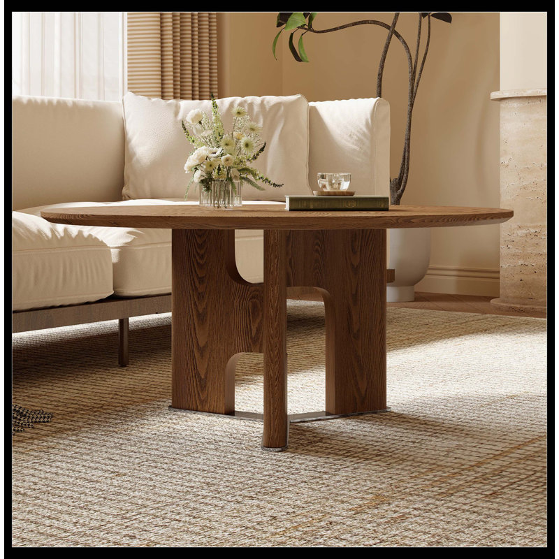 Table basse 31,5 pouces ronde en placage de bois de frêne rustique pour petit salon