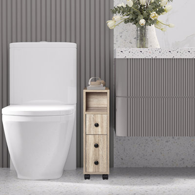 Kleankin Freestanding Compact Design Bathroom Cabinet With 2 Open Cabinets, 1 Door Cabinet, 1 Drawer And 4 Rolling Wheels, Oak Grain Color