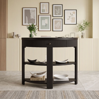 Console cannelée demi-lune avec tiroir et tablettes