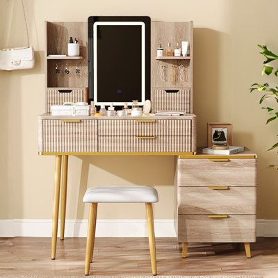 Coiffeuse cannelée avec miroir à DEL, rangement à 7 tiroirs, crochets à bijoux, poignées en métal et tabouret en polyuréthane pour maquillage