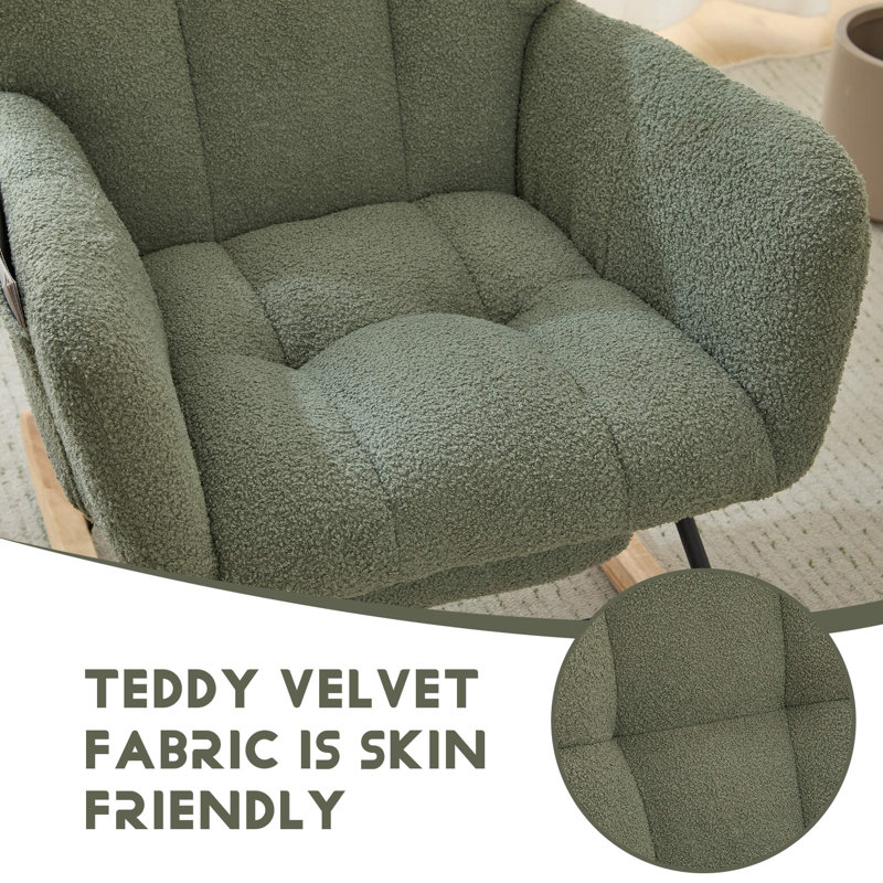 Modern Tufted Teddy Fleece Rocking Chair with Side Pocket, Glider Chair for Nursery & Living Room, Comfy Upholstered Rocker with Wood Sled Base& Metal Frame (Green With Footrest)