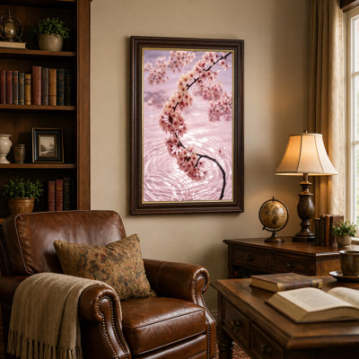 Art mural sur toile Cherry Blossom Branch Over Rippling Water
