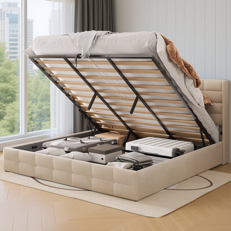 Lit plateforme avec rangement Lift Up et tête de lit Winback, Crème, crème, Très grand lit
