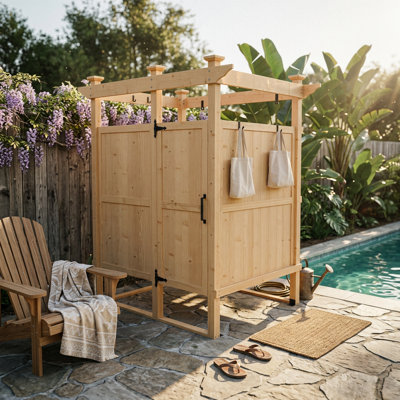 83.4'' H Solid Wood Outdoor Shower Enclosure, Privacy Shower Stall With Pergola Roof Frame, Poolside Changing Room, Backyard Outdoor Shower Cabin