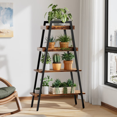 Liscomb 4-Tier Ladder Shelf, Wood Plant Flower Stand, Brown Freestanding Corner Rack, Modern Storage Shelving Unit with Anti-Tipping Device for Living Room, Home Office, Balcony