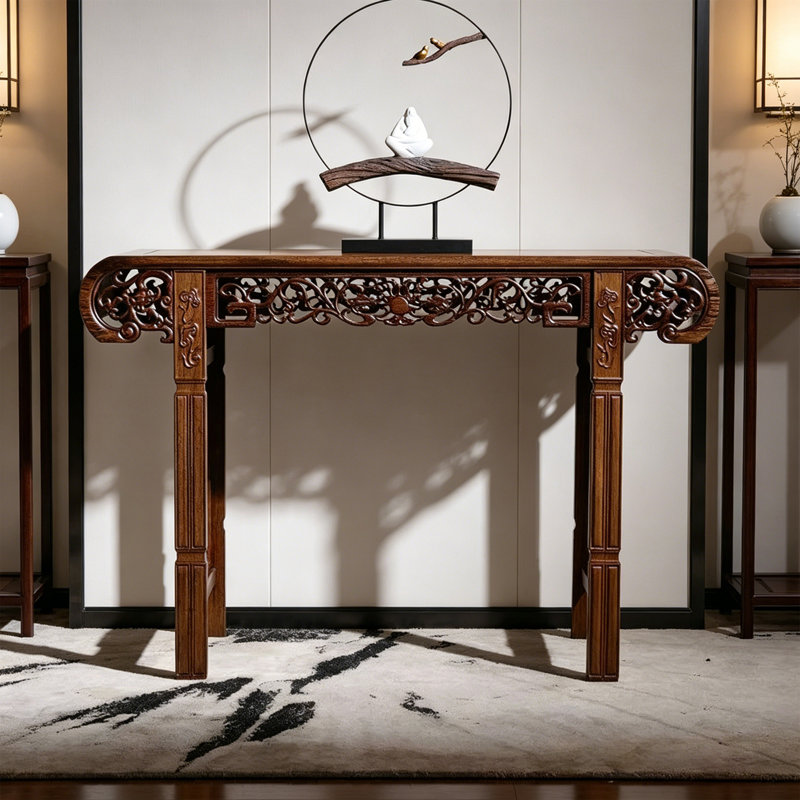 Retro Brown Carved Solid Wood Console Table