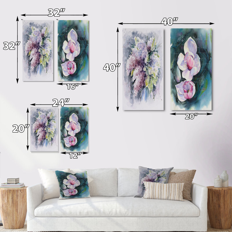 Fleurs de magnolia - ensemble de 2 peintures sur toiles, H 40 po x l 40 po x P 1 po, Toile tendue