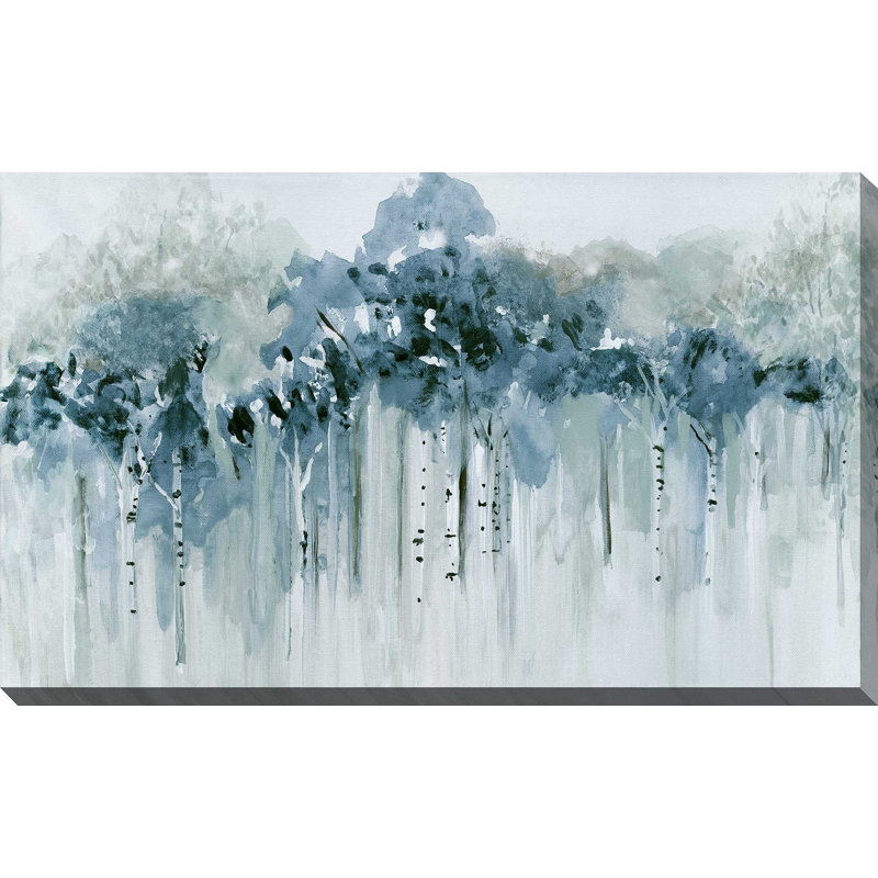 «Blue Birch Morning» par - Peinture, Toile tendue, H 36 po x l 60 po x P 1,5 po