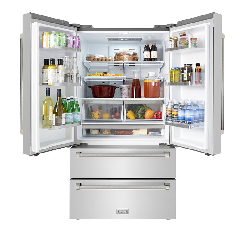 ZLINE Autograph 36 in. Counter-Depth Refrigerator in Stainless Steel and Nickel Helix Handles, Polished Nickel