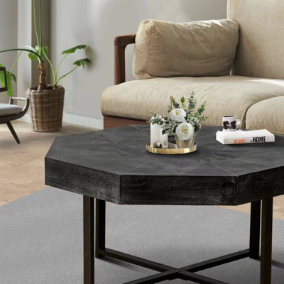 Wood Octagonal Vintage Patchwork Craft Farmhouse 30 Inch Wooden Table Top  Cross Metal Legs Coffee Table