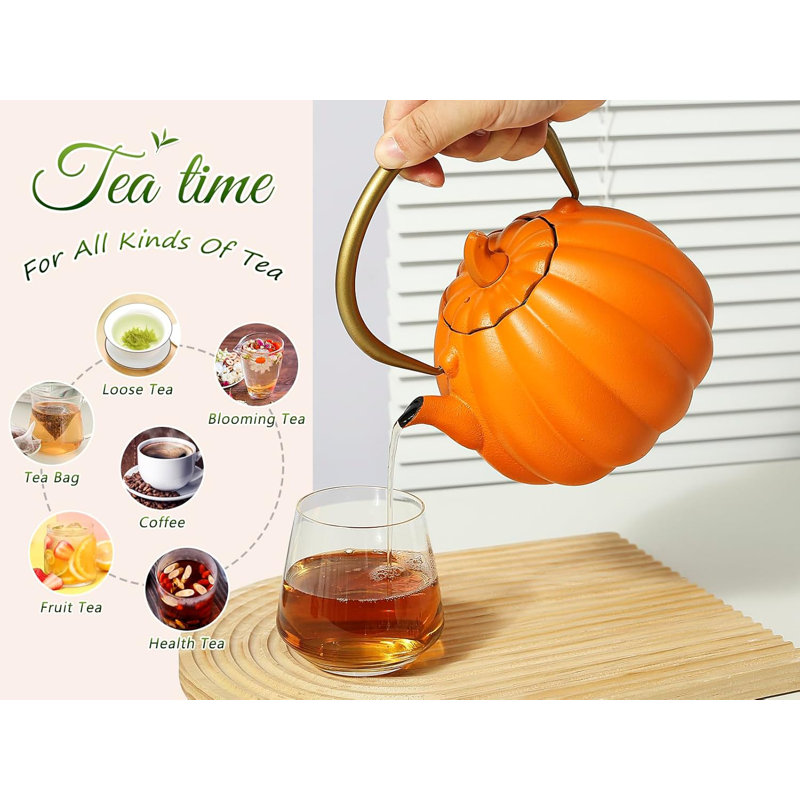 40oz Orange Pumpkin Cast Iron Teapot with Gold Handle