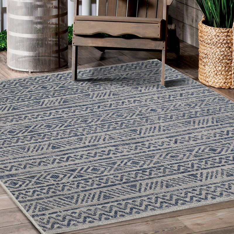 Flat Woven Outdoor Rug - Waterproof, Easy to Clean, Stain Resistant - Premium Polypropylene Yarn - Striped Boho - Large Patio, Deck, Sunroom - Amman - Blue