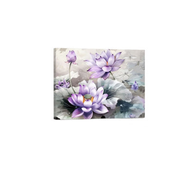 Purple Floral Lotus, Built-In Back Wood Frame Wall Art，36 X 24 Inch