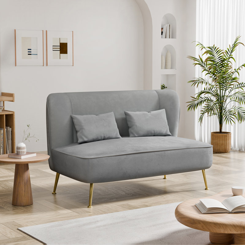 Modern 45'' Velvet Upholstered Loveseat Sofa with 2 Pillows, Gray