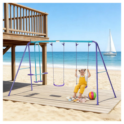 Portique extérieur en métal avec deux sièges Outsunny, bleu foncé et structure de jeu mauve pour la cour