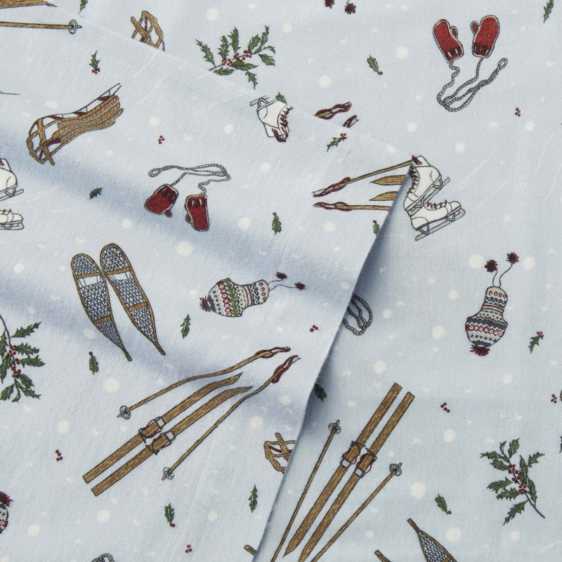 Blue Cotton Flannel Queen Sheet Set with Snow Days Print