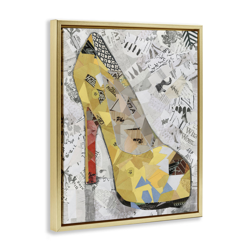 Art mural sur toile à talon collé jaune par Coco Good, Cadre flottant métallique doré, H 21 po x l 17 po