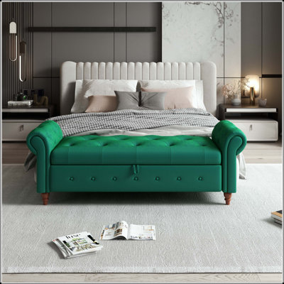 63" Rolled Arm Storage Bench with Velvet Tufted Design & Wood Legs