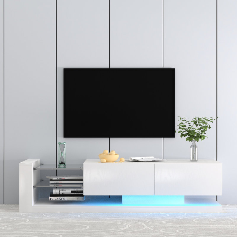 Meuble audio-vidéo 75 pouces avec lumières à DEL et grand rangement (meuble télé blanc à 90% et pour (blanc moderne