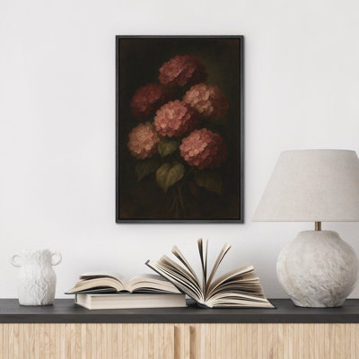 Dark Hydrangea Floral Wall Art - Classic Still Life with Red and Pink Flowers, Framed Moody Vintage Print for Elegant Interiors