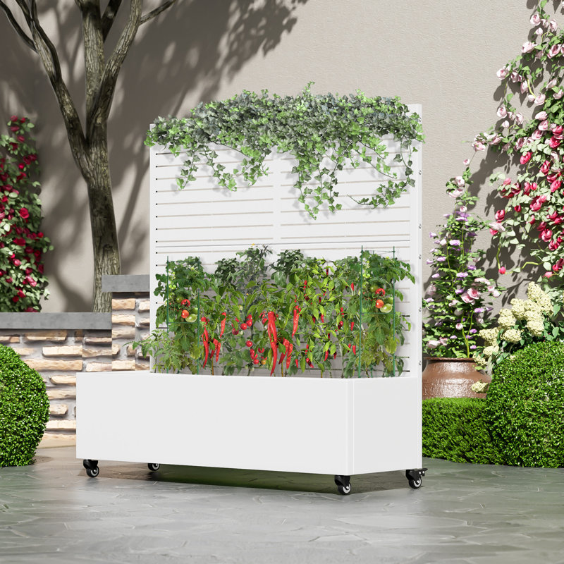 Lit de jardin en métal avec treillis et roues, H 47 po x l 47 po x P 16 po, Blanc