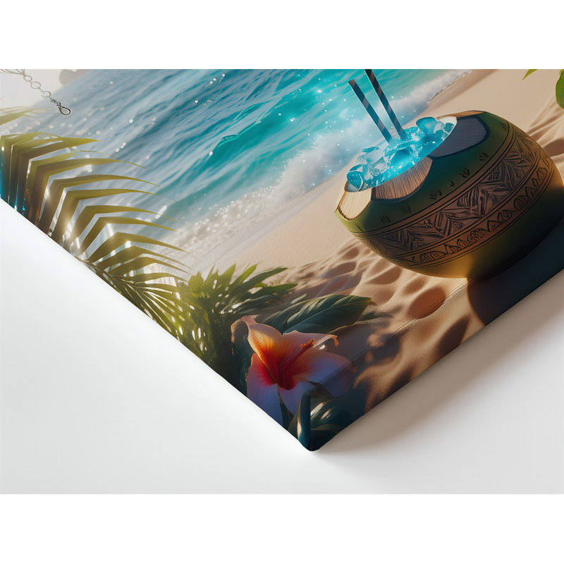 Toile une scène tropicale vibrante avec une grande tasse d'art de noix de coco au design complexe, remplie de glace, ornée d'une toile bleue brillante