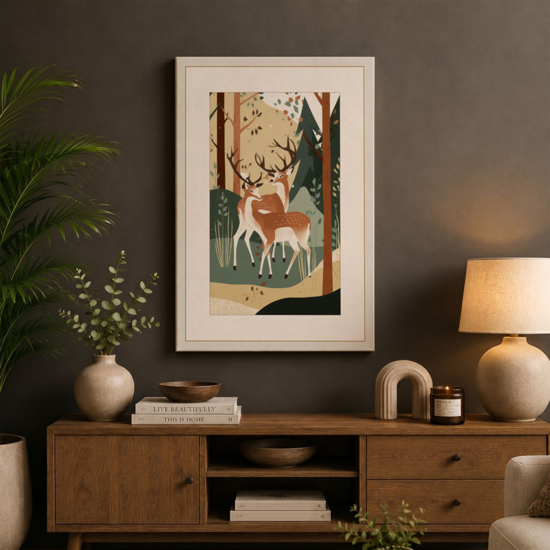 Deer in Forest Light Japandi - Wrapped Canvas, 36x24 - 91.4 x 61.0 cm, Cream Border