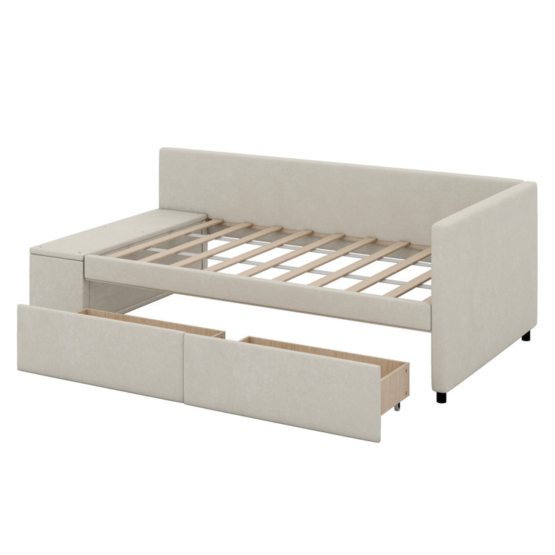 Lit plateforme tapissier en L avec rangement et tiroirs, Beige