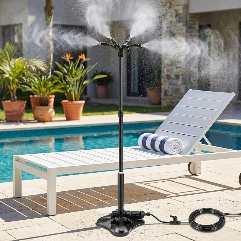 Freestanding Outdoor Misting Cooling System – 4 Adjustable Mist Heads, 10M (29FT) Hose, ABS Construction, Connectable Patio for Lawn, Garden, Poolside, Black