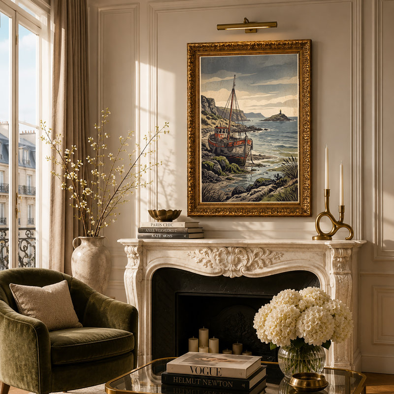 Art sur toile, bateau en bois orange gris sur une côte rocheuse près du phare, 30"H x 20"W