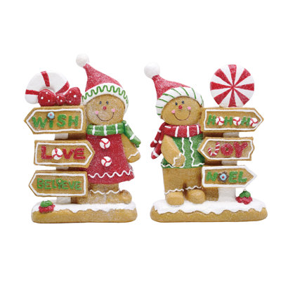 Resin Gingerbreads with Sign Figurine, Figurines, Brown, Resin, Set of 2, Tabletop, Living Room, Christmas, Christmas Decoration