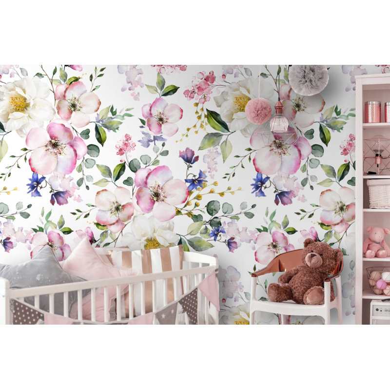Papier peint amovible aquarelle rose et blanc, L 75 po x l 112 po