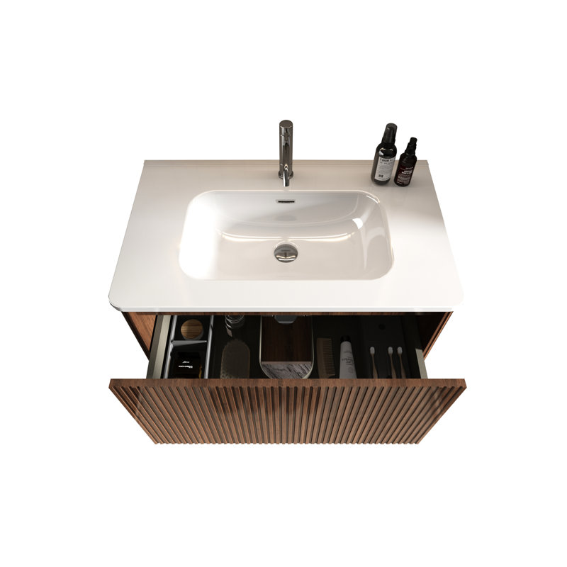 Meuble-lavabo mural, noyer rayé de 30 po, lavabo en céramique blanche, flottant de salle de bain, rebords courbés, grand espace pour meuble-lavabo en noyer avec comptoir Essentials, texture tendance, rangement de tiroir