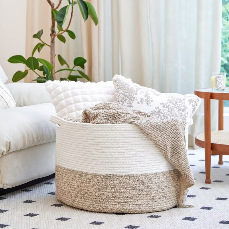 Hand Woven Fabric Laundry Basket, White/Beige