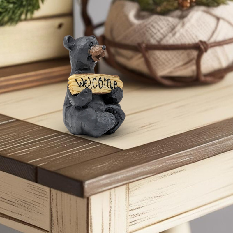 Figurine d'ours noir en résine rustique avec signe réversible Welcome and Go Away pour la maison ou le bureau