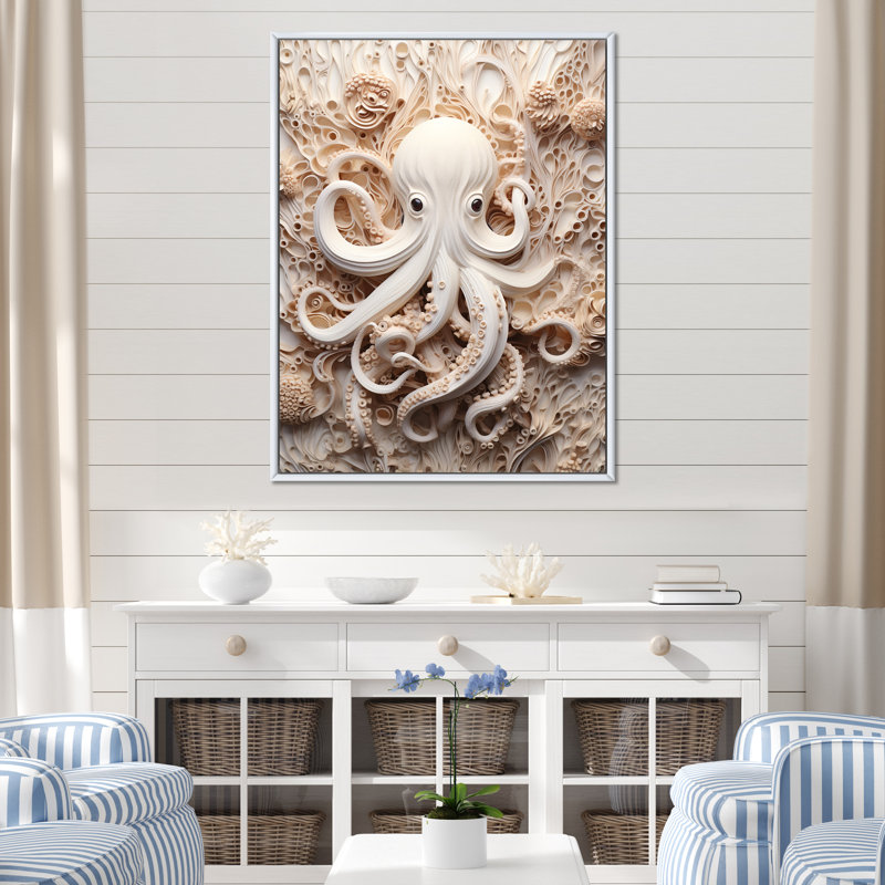 «Marine Life Octopus Magic Animals I», reproduction sur toile, Cadre flottant blanc, H 44 po x l 34 po x P 1,5 po
