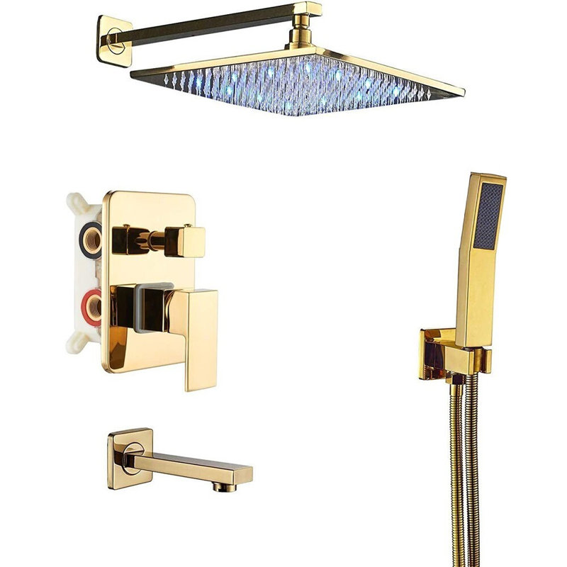 Robinet de douche Mosson Gold Ultra-mince carré effet pluie – Système mural à 3 fonctions de 30,5 cm (12 po)