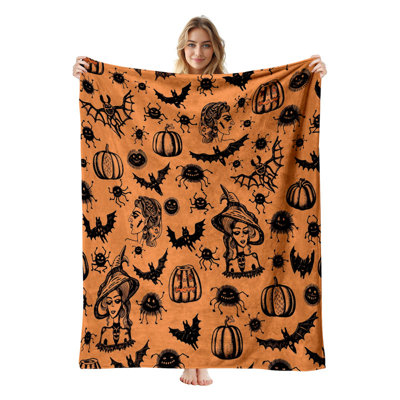 Plaid en flanelle polaire JYK pour l'Halloween, léger, respirant, doux et chaud en microfibre pelucheuse, 102 x 127 cm, motif sorcière vintage