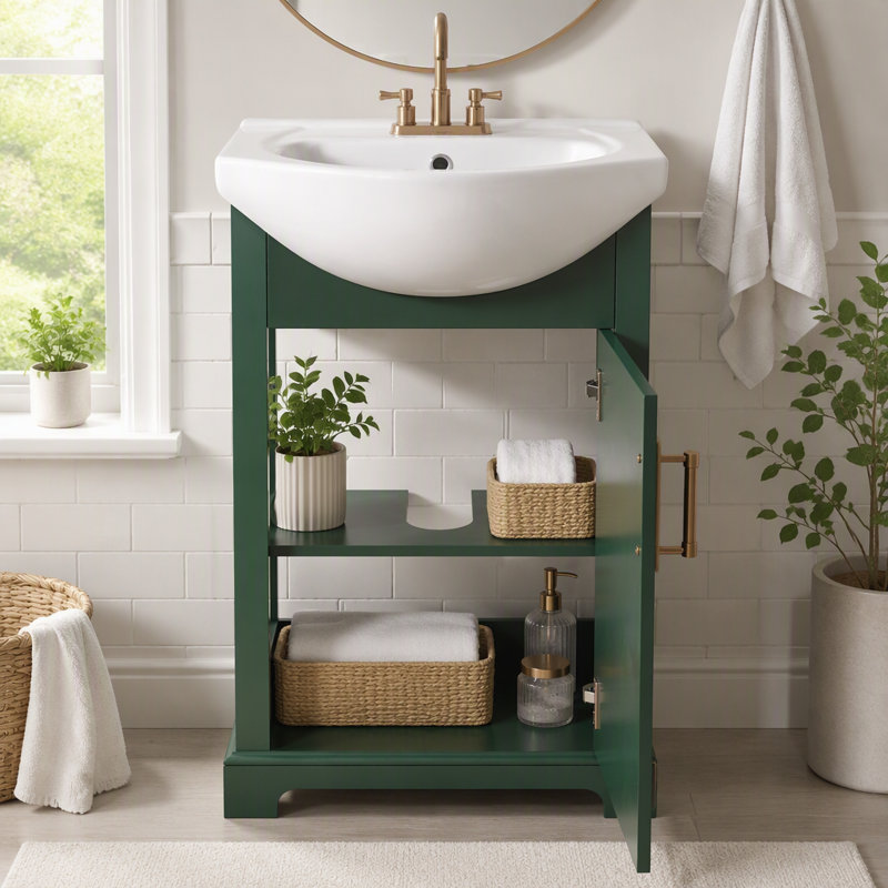 Meuble-lavabo de salle de bain avec lavabo en céramique bombé et porte à fermeture en douceur, Green
