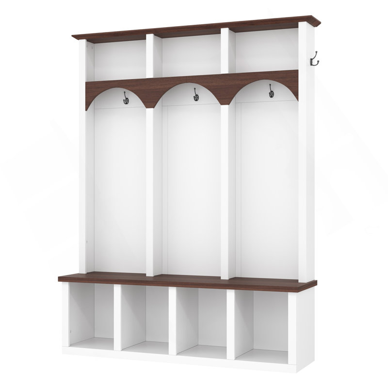 Farmhouse Wooden Style Hall Tree With Arched Design, Practical Entryway Walnut Storage Bench With 5 Black Hooks, Minimalist 4-In-1 Hallway Shoe Cabinet With 7 Cubbies For Mudroom, Living Room, White