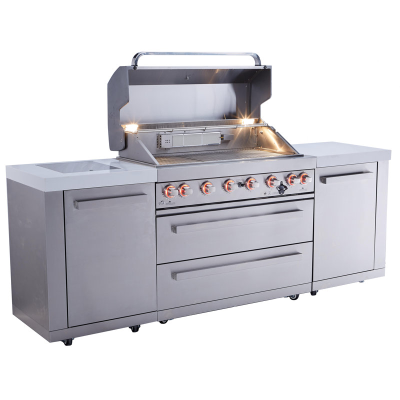 Îlot de cuisine d'extérieur en acier inoxydable de qualité supérieure L 94 po x P 23 po x H 46 po avec brûleur latéral infrarouge + barbecue à 6 brûleurs de 44 po + brûleur de rôtisserie + comptoirs en granite + armoires et tiroirs de rangement + convertible au gaz naturel + à vie Mont Monti Garantie