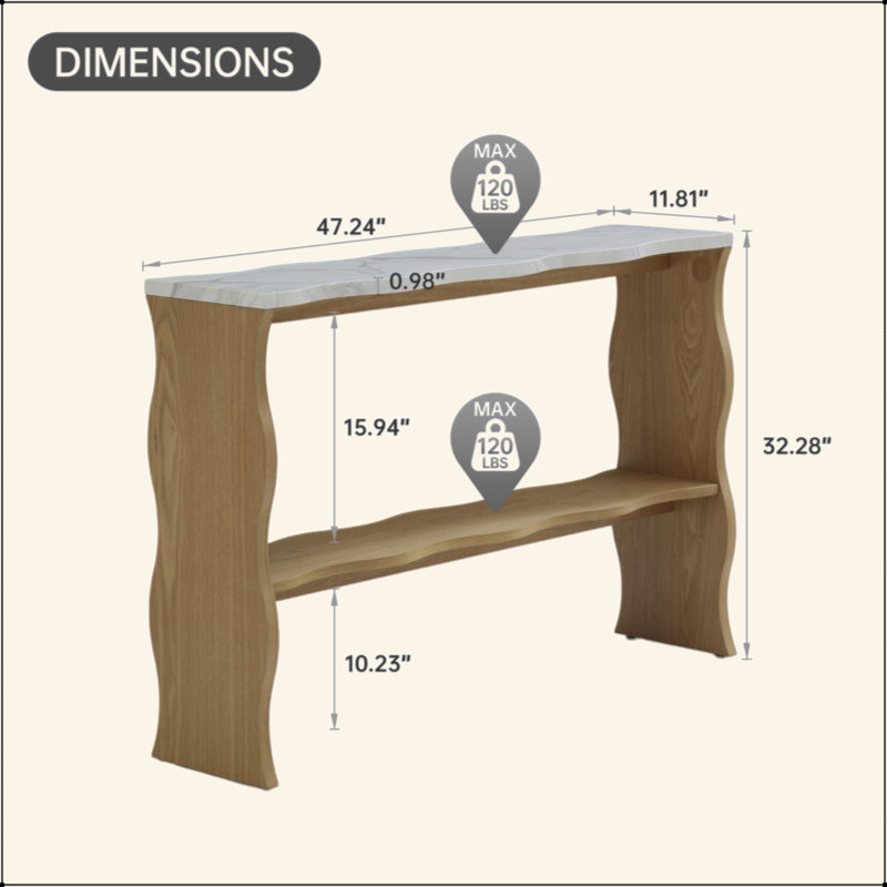 Console moderne 47,24 po Whisper Of Waves avec plateau en marbre blanc, canapé en placage de bois massif avec tablette de rangement ouverte, table d'entrée pour le salon