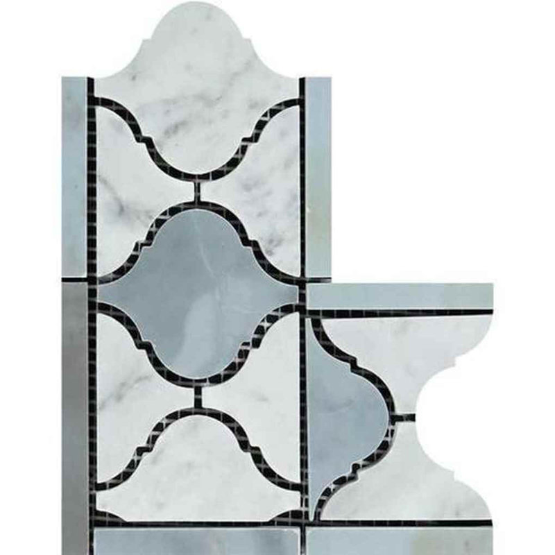 Bordure de coin blanche Carrara Arabesque, Bleu / gris poli