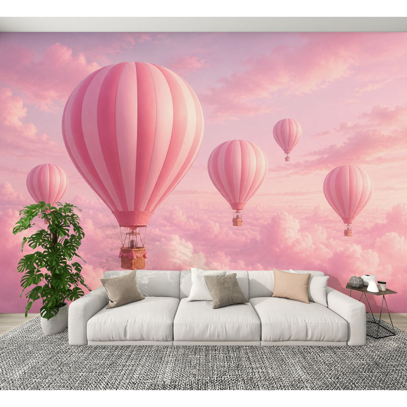 Papier peint adhésif pelez et collez, montgolfières roses, flottant, doux, ciel pastel, décorations murales, H 100 po x l 144 po, papier mural amovible en PVC, autocollant, pour chambre, salon, bureau à domicile