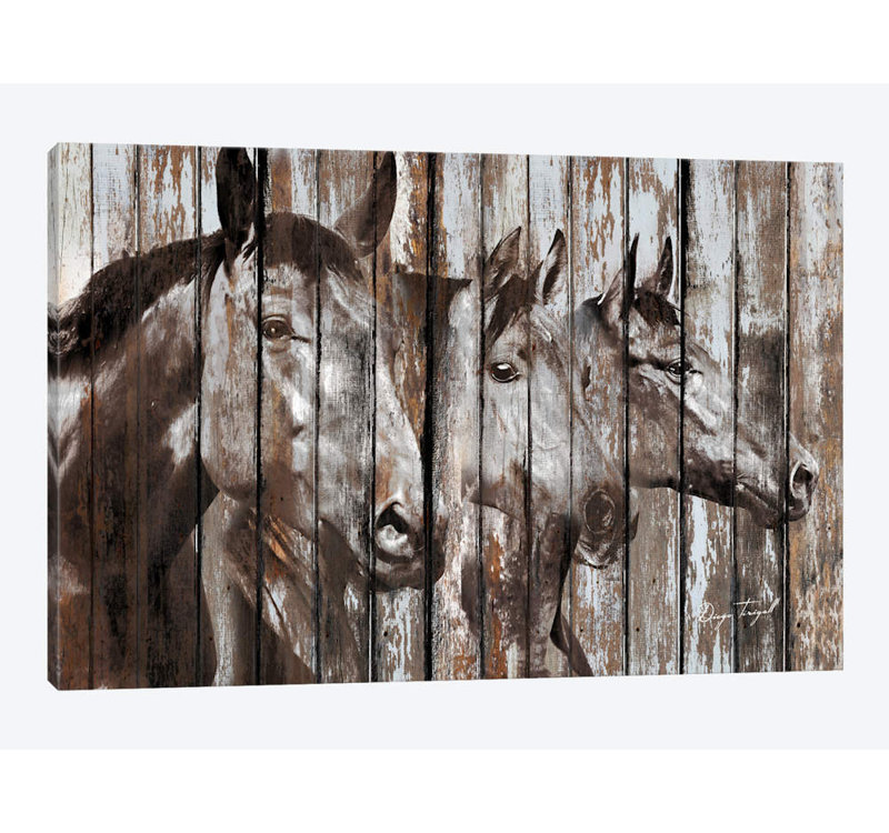 « trois chevaux » par diego tirigall, impression sur toile, H 16 po x l 24 po x P 1 po, Papier d'art encadré noir, Blanc