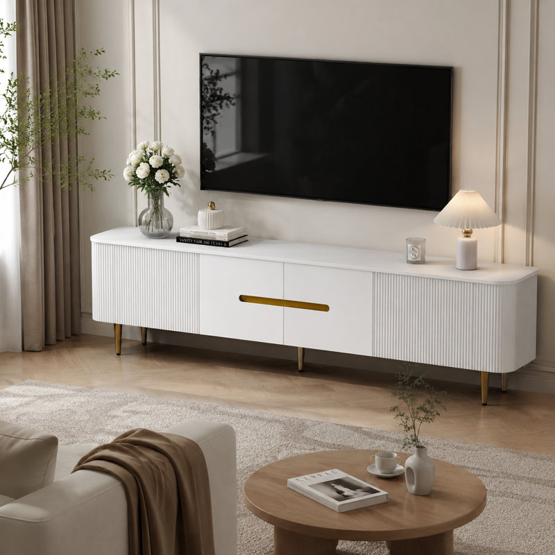 Meuble télé blanc de 78,6 pouces pour téléviseurs jusqu'à 85 pouces, console multimédia minimaliste avec 4 armoires de rangement