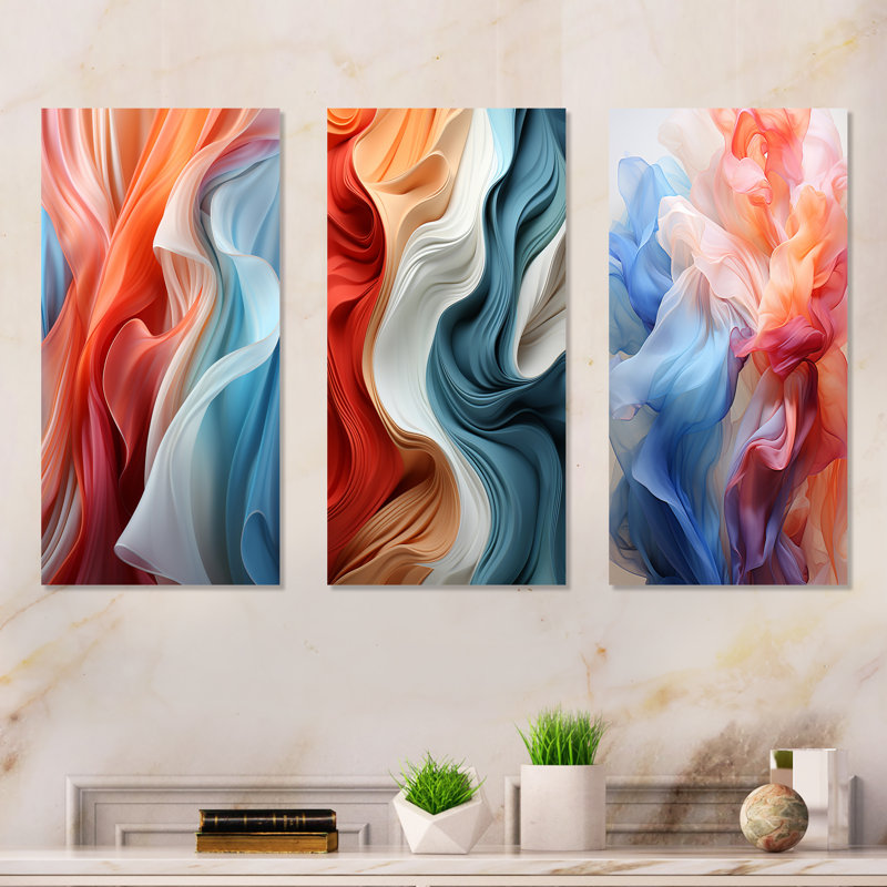 Multicolor Geometric Whispers Tides - Ensemble de 3 reproductions d'art géométriques abstraites en métal, H 32 po x l 48 po
