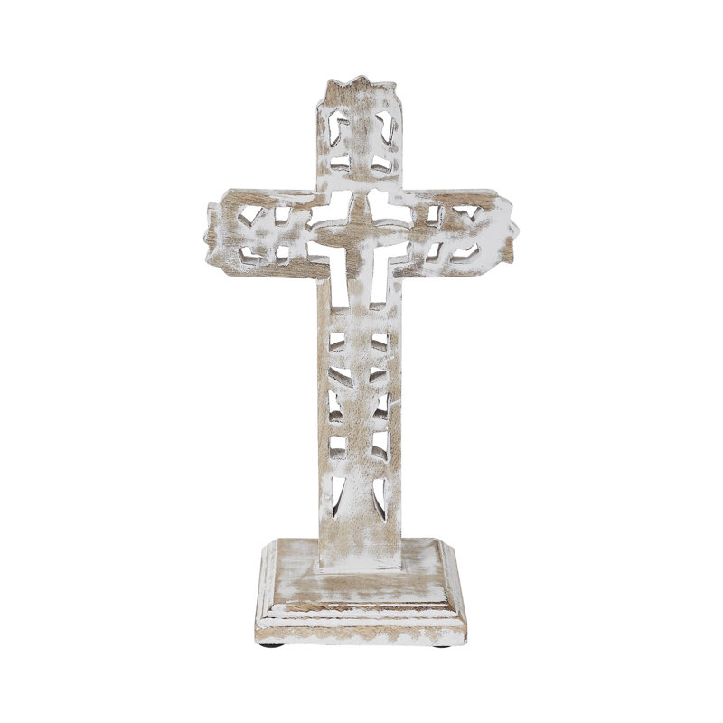 Croix en bois blanc patiné avec base 13 x 7,5 x 5