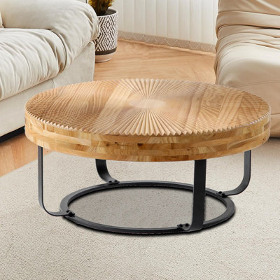 Modern Boho Round Coffee Table wood coffee table with Sunburst Pattern and Metal Base